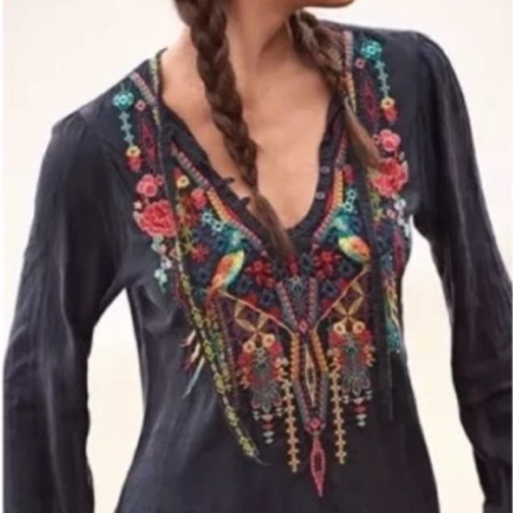 Johnny Was Embroidered Serendipity Tunic Top Cupra Rayon Royal Navy Blue XS Boho - Picture 5 of 16